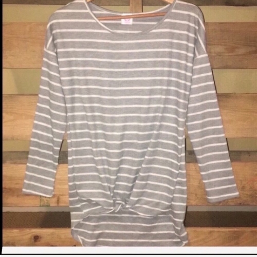 Gray and White Striped Front Knotted Blouse - Picture 3 of 4